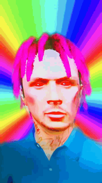 a painting of a man with pink hair and a blue shirt