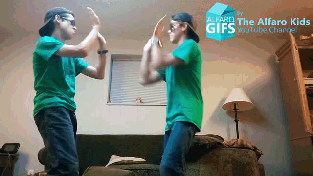 two boys are dancing in front of a sign that says alfaro the alfaro kids