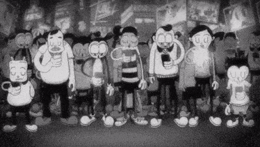a group of cartoon characters are standing in front of a sign that says tower
