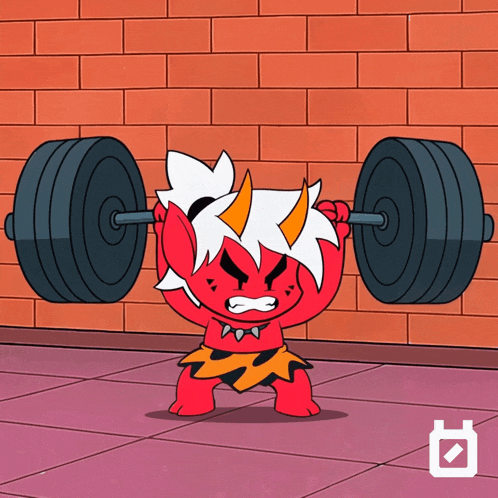a cartoon character is lifting a barbell in front of a red brick wall