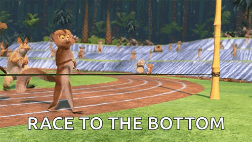a cartoon of a squirrel running on a track with the words race to the bottom on the bottom