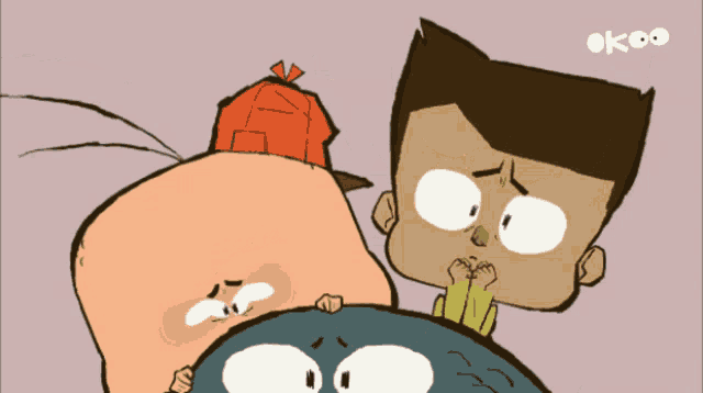 a cartoon of two boys and a fish with the letters ok on the bottom right