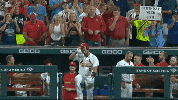 a baseball player holds up a birthday wish sign in front of a crowd