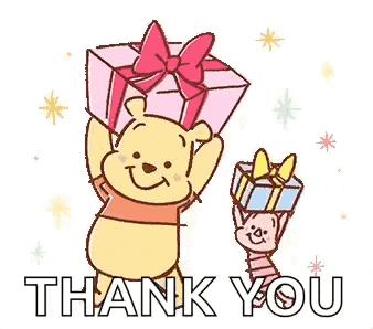 winnie the pooh and piglet are holding gifts in their hands and saying `` thank you '' .