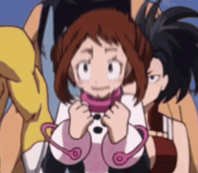 a group of anime characters are standing next to each other and one of them is a girl .