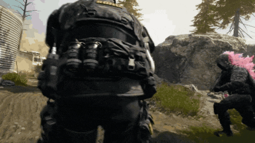 a soldier in a video game with a pink helmet