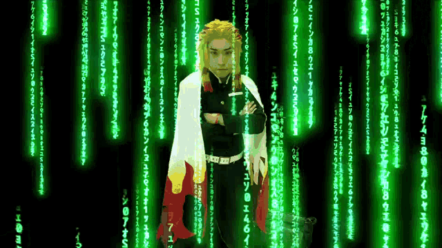 a man is standing in front of a matrix background with numbers coming out of it