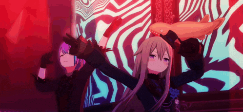a couple of anime girls are standing next to each other in front of a wall .