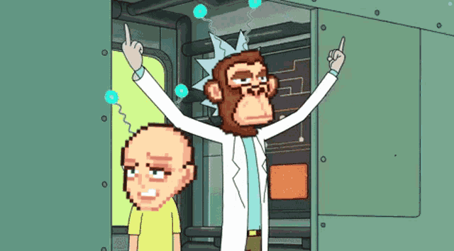 a pixel art drawing of rick and morty with a monkey giving the middle finger