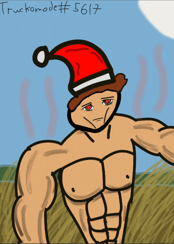 a drawing of a shirtless man wearing a santa hat with the number 5617 written below him