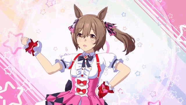 a girl in a pink dress with a horse on her head stands with her hands on her hips