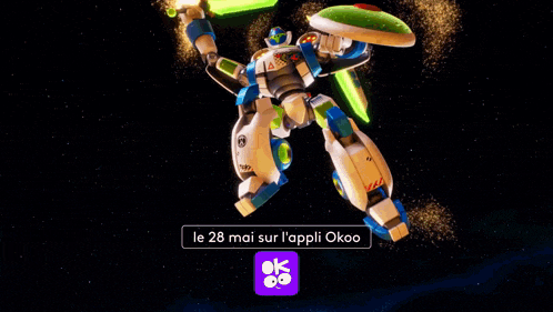 a robot with a purple sign that says ok on it