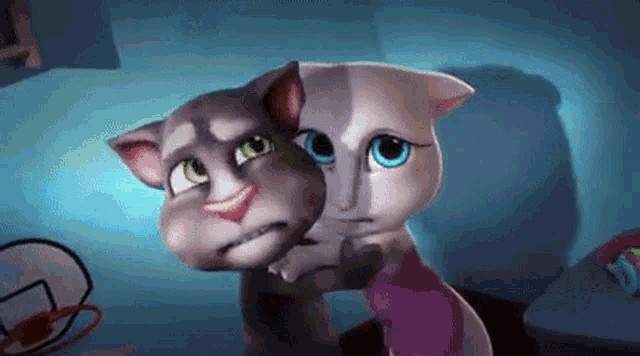 two talking cats , tom and angela , are hugging each other in a room .