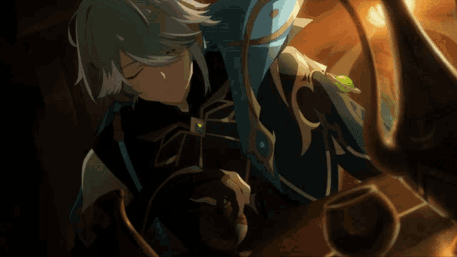 a drawing of a man with white hair and a sword