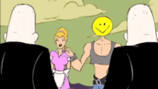 a cartoon of a man with a smiley face on his head holding hands with a woman .