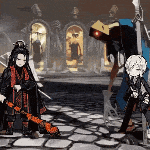 a cartoon of a man holding a sword standing next to a girl
