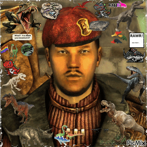 a man wearing a red beret is surrounded by dinosaurs and a sign that says rawr!