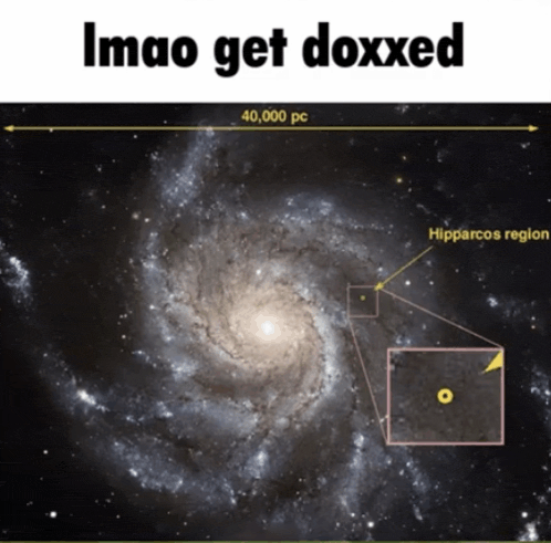 a picture of a spiral galaxy with the words imao get doxxed