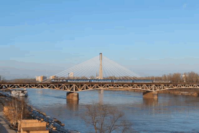 a bridge over a body of water with a train on it
