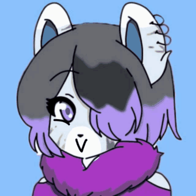 a cartoon drawing of a girl with purple hair