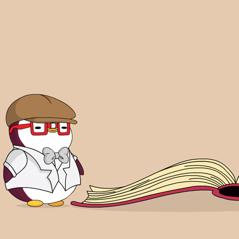 a cartoon penguin wearing glasses and a hat is standing next to an open book