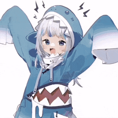 a drawing of a girl dressed as a shark with lightning bolts around her head