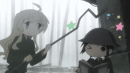 a girl holding a wand and a boy reading a book