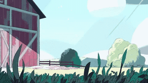 a cartoon drawing of a barn in a field