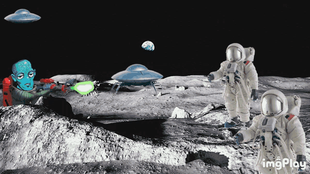a group of astronauts standing on the moon with images play written in the bottom right corner