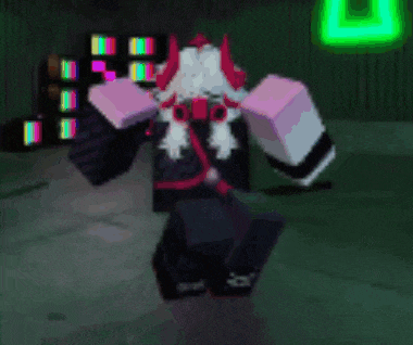 a cartoon character with horns and a beard is standing in a dark room with neon lights .