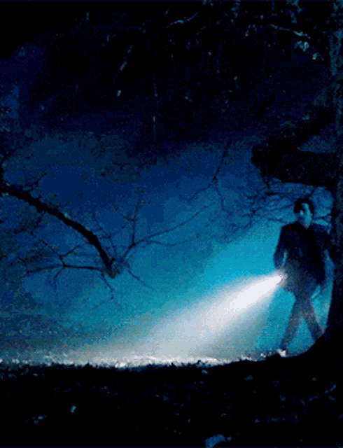 a man is walking through a dark forest with a flashlight in his hand