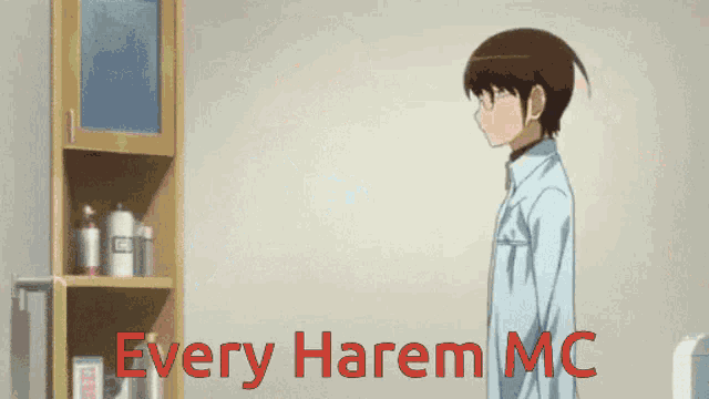 a man and a girl are standing next to each other with the words every harem mc written in red