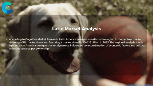 a white dog is standing next to a man with latin market analysis written on the top