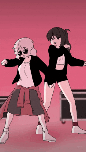 a couple of girls standing next to each other wearing sunglasses