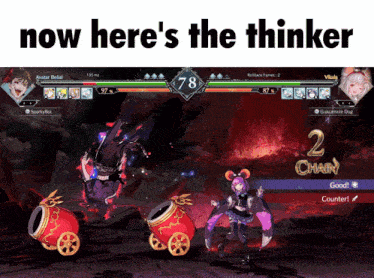 a screenshot of a video game with the words now here 's the thinker at the top