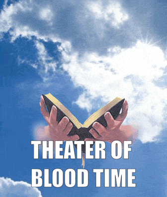 a poster for the theater of blood time shows two hands holding an open book