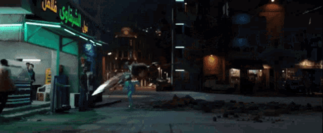 a woman in a costume holds a sword in front of a building that says halal