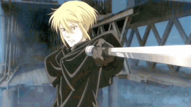 a man with blonde hair is holding a sword in his right hand