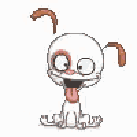 a cartoon character with a pink tongue sticking out is holding something in his mouth .