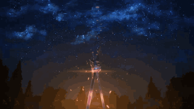 a sword stands in the middle of a forest under a starry sky