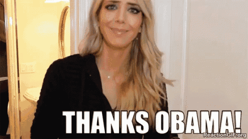 a woman says thanks obama in a gif