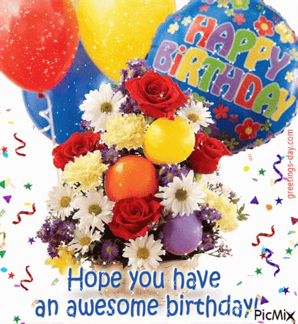 a birthday card with flowers balloons and a happy birthday balloon