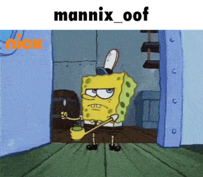 a cartoon of spongebob brushing his teeth with the words mannix_oof above him