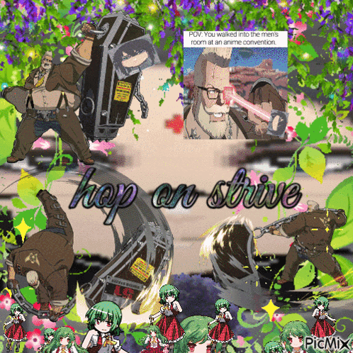 a collage of cartoon characters with the words hop on strike in the middle
