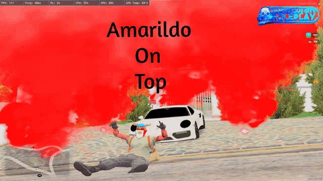 a screenshot of a video game shows a man laying on the ground and the words amarildo on top