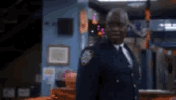 a man in a police uniform is standing in a room with a blurry background .