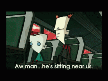 two cartoon characters are sitting next to each other with the words aw man he 's sitting near us