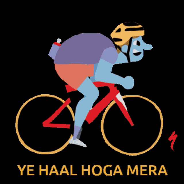 a cartoon drawing of a person riding a bike with the words ye haal hoga mera below them