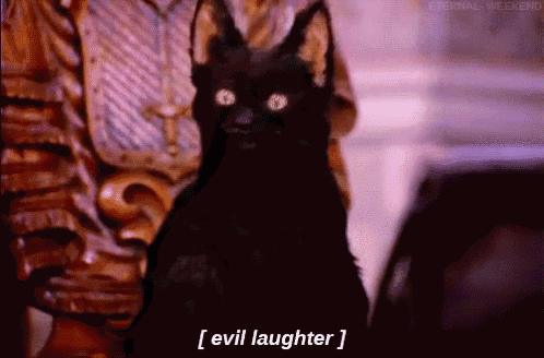 a black cat with horns is being held by a man and says " evil laughter "