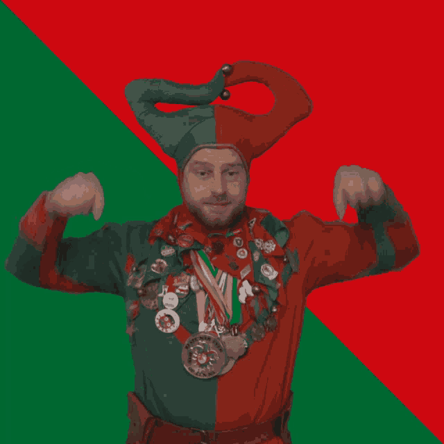 a man in a green and red jester costume points to his badges